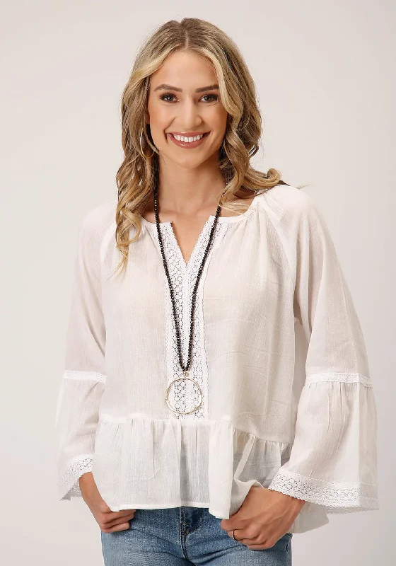 Lightweight Apparel Roper Womens Split Front Neck White 100% Cotton L/S Blouse