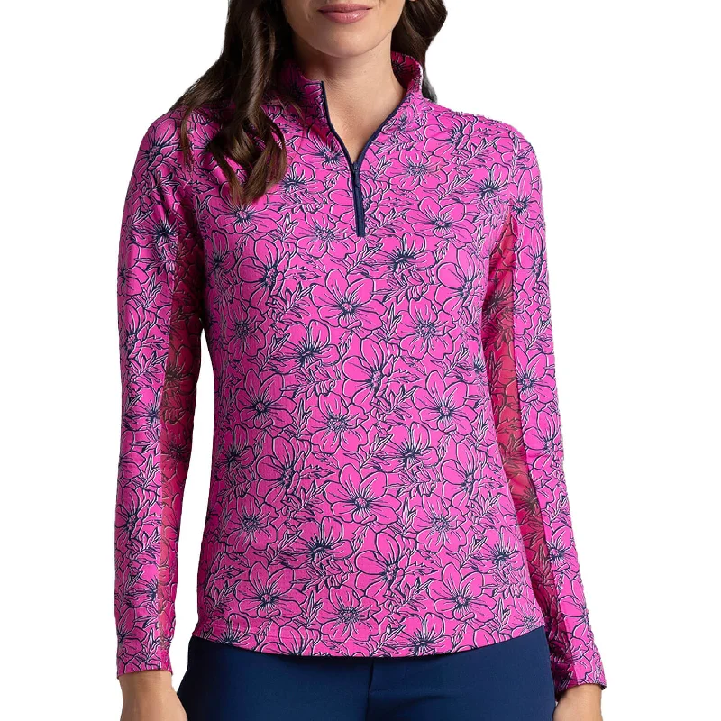 Cozy Fit IBKUL Women's Diana Long Sleeve Mock Neck Top - Hot Pink/Navy