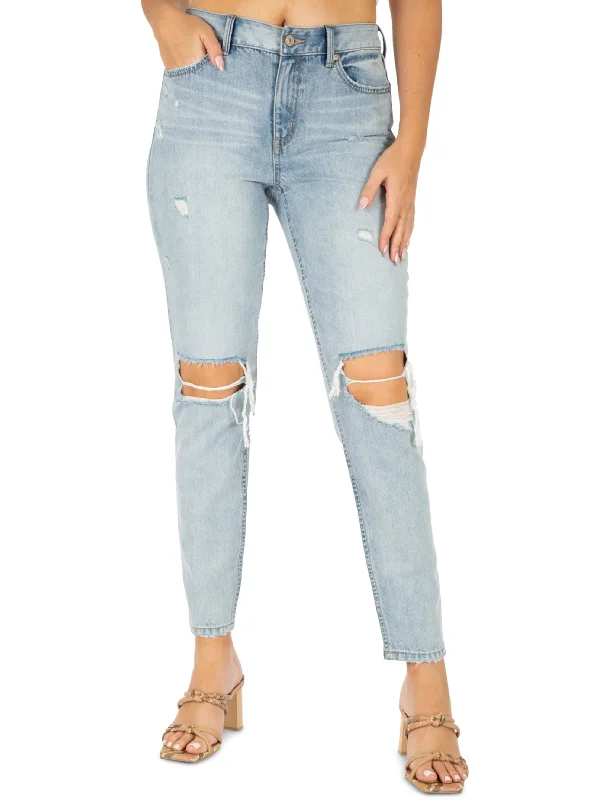 Floral Prints Women's Ripped Washed Mom Jeans,Light Blue