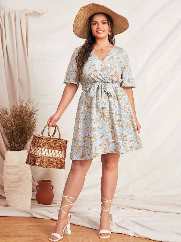 Warm Wear Boho All Over Print Wrap Short Sleeve V Neck Flared High Waist Short Plus Size Dress Warm Wear Boho All Over Print Wrap Short Sleeve V Neck Flared High Waist Short Plus Size Dress