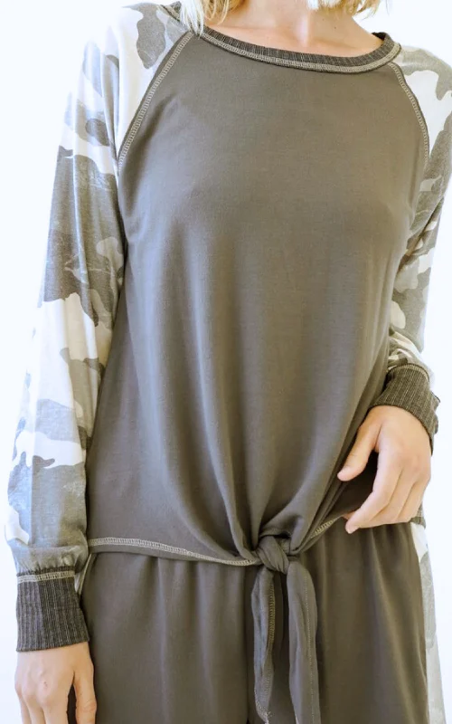 Exquisite Craftsmanship Tie Front Camo Sleeves Pullover