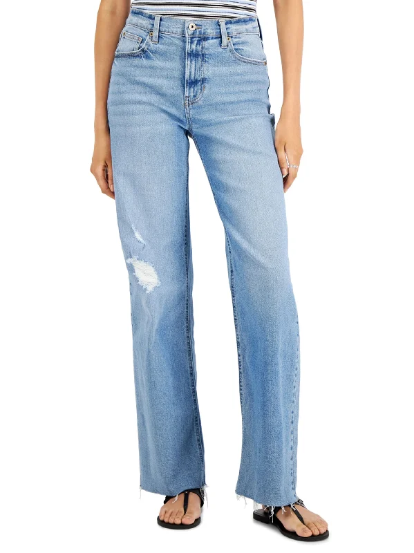 French Style Women's Ripped Washed Jeans,Light Blue