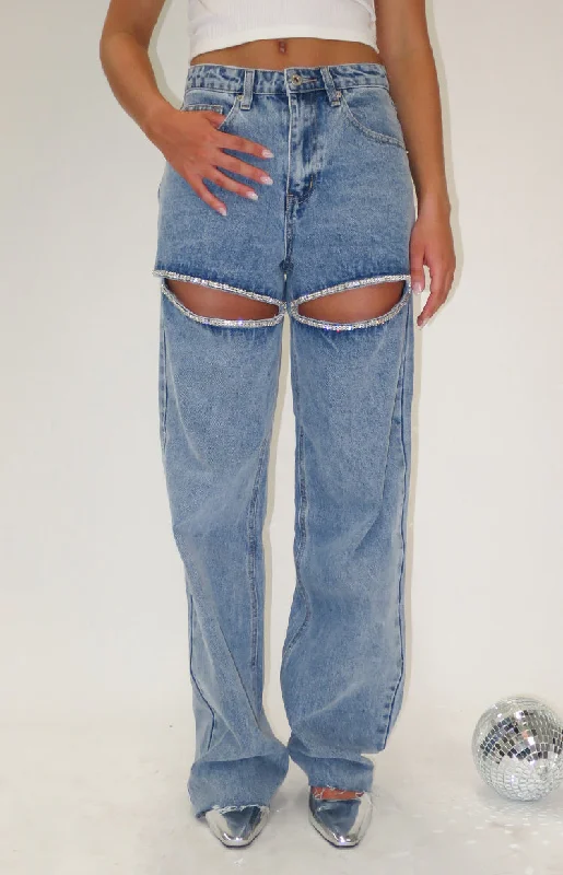 Relaxed Weekend Wear Gem Diamante Trim Wide Leg Denim Jeans