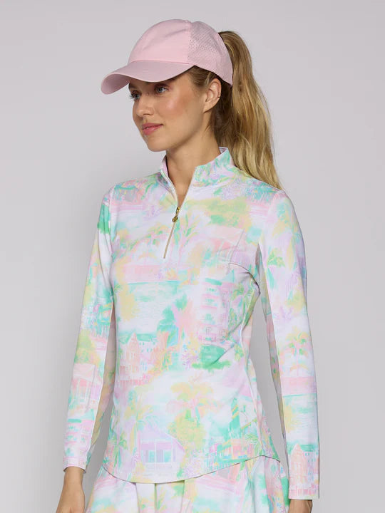 American Style G Lifestyle Long Sleeve Print Zip Mock Neck Top - Pastel Village