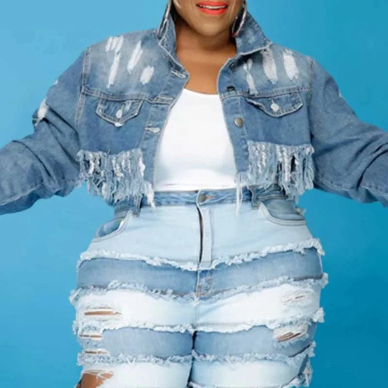 Trendy Dresses Distressed Fringe Tassel Single-Breasted Cropped Jean Jacket for Women