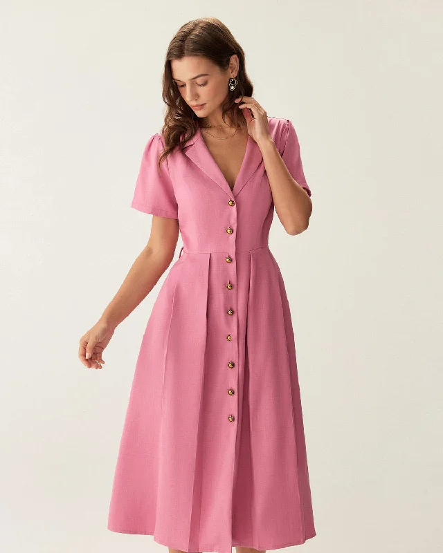 Trendy Outerwear Rose Red V-Neck Button Midi Dress
