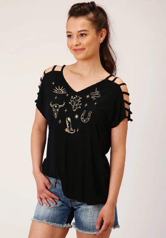 Layered Style Roper Womens Black Poly/Rayon Cold Shoulder S/S Strappy T-Shirt