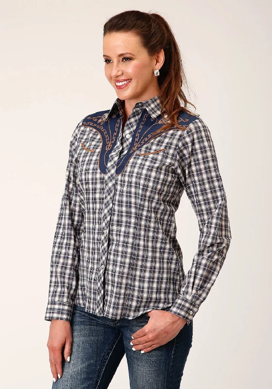 Fashion Touch Roper Womens Small Scale Plaid Blue Cotton Blend L/S Shirt