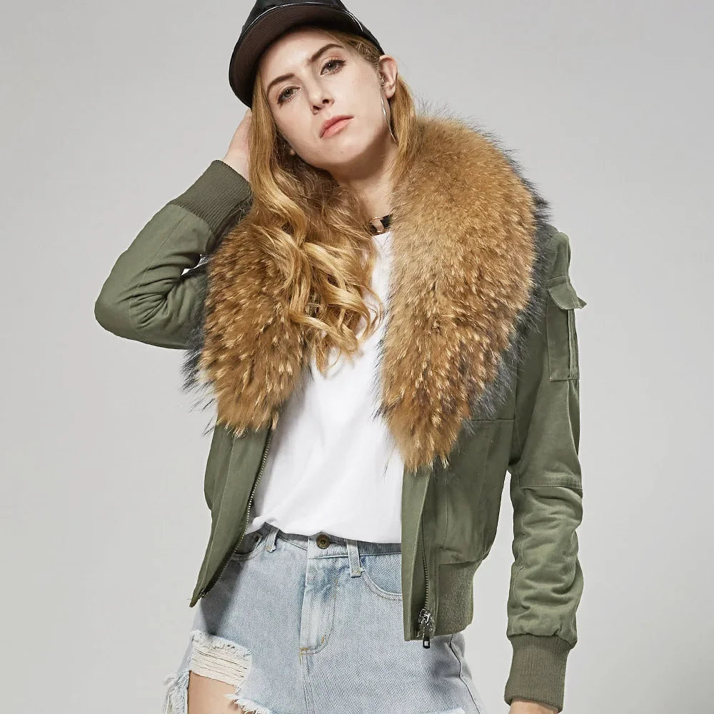 Fashion Comfort Women's High Street Solid Pattern Cotton Raccoon Fur Collar Winter Jacket