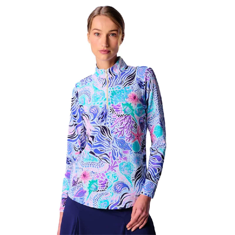 Classic Items G Lifestyle Long Sleeve Print Zip Mock Neck Top - Blue Sea Wave