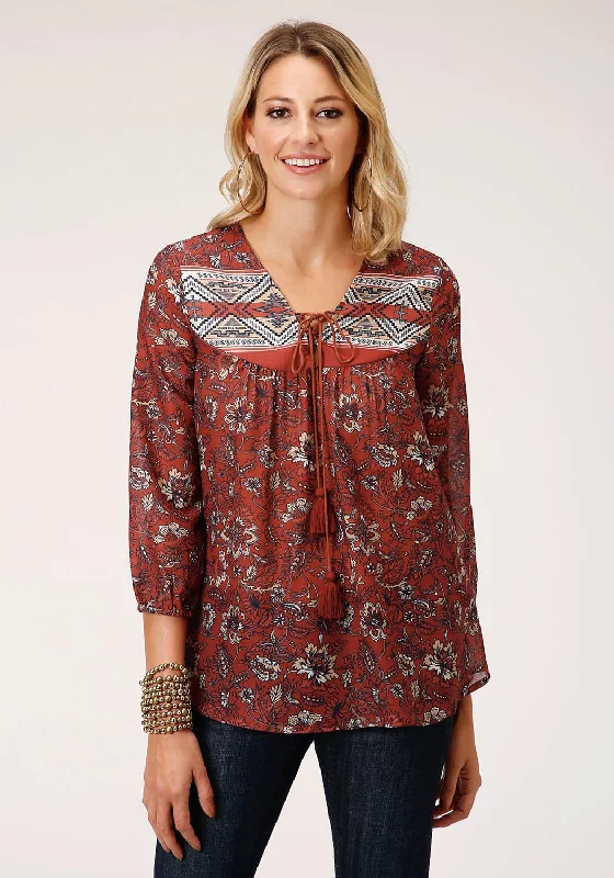 Comfy Layers Roper Womens Rust Polyester Floral Border 3/4 Sleeve Blouse