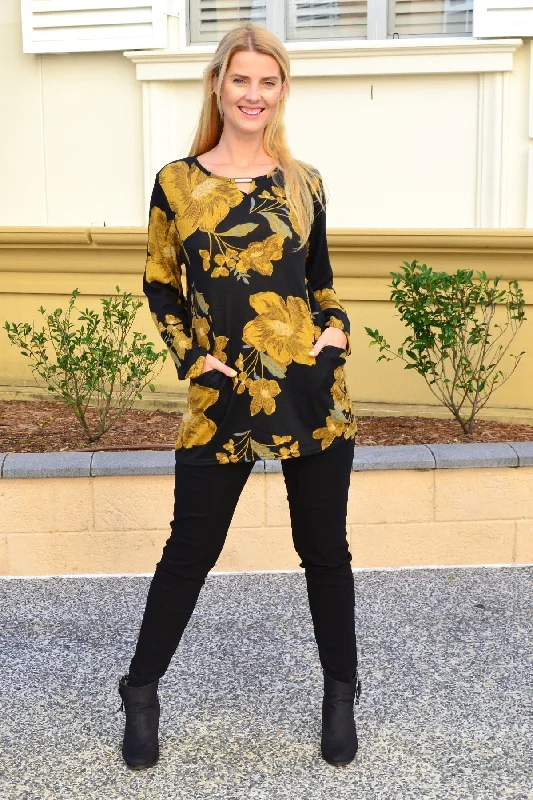 Smart Comfort Mustard Flower Fleece Peep Hole Tunic Top