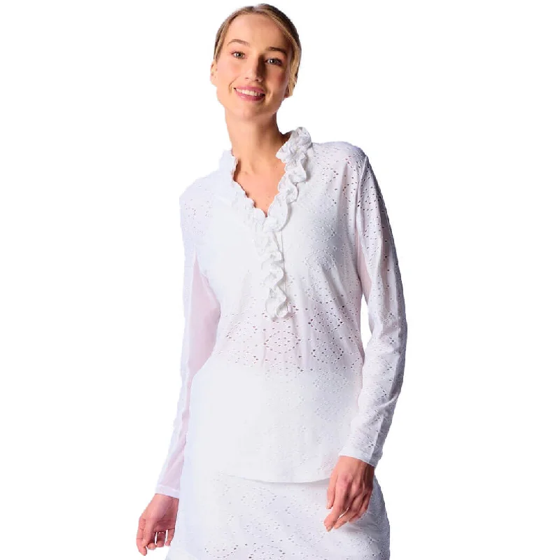 Fresh And Elegant G Lifestyle Long Sleeve Print Double Ruffle Top - White Eyelet
