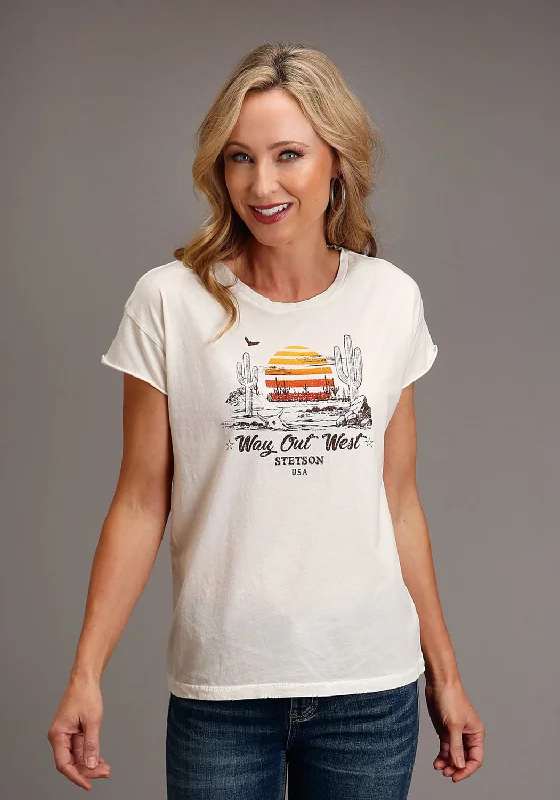 Soft Clothing Stetson Womens Vtg White 100% Cotton Way Out West S/S Cactus T-Shirt