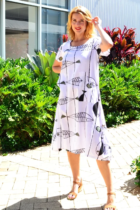 Comfy Dress White Linen Cotton Print Tunic Dress