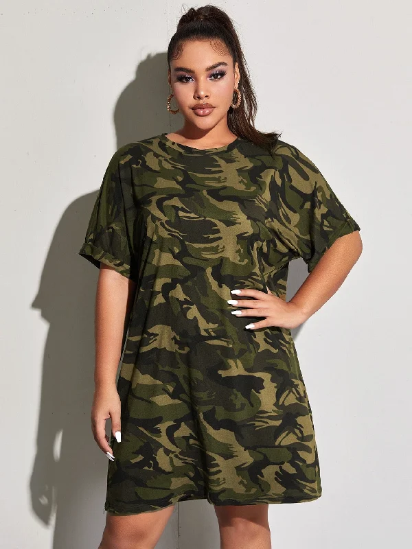 Wool Pants Casual Camo Short Sleeve Round Neck Straight Short Plus Size Dress