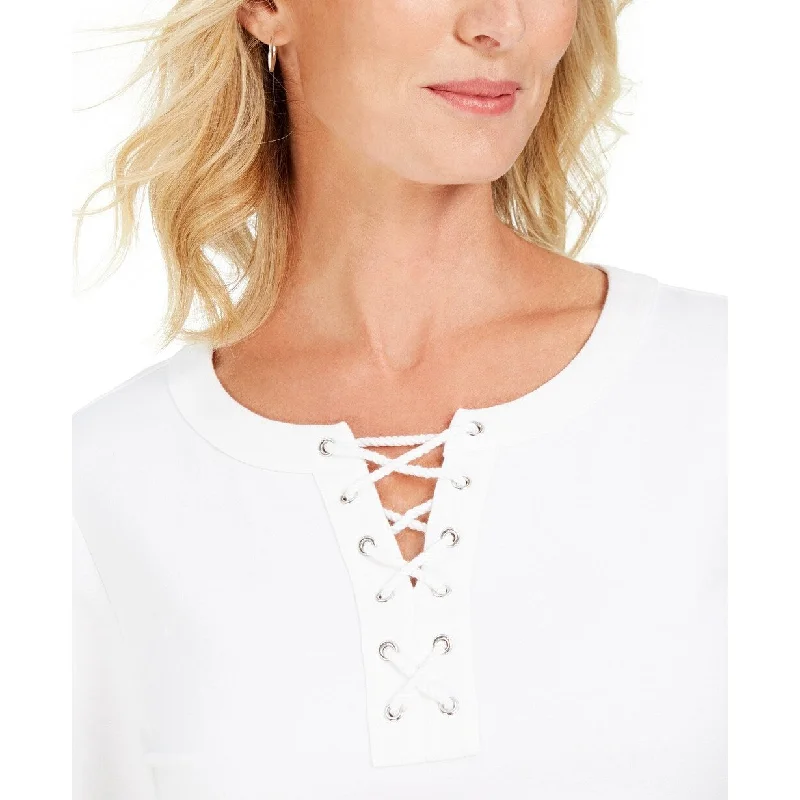 Elegant And Simple Karen Scott Women's Lace-Up French Terry Sweatshirt White Size Small