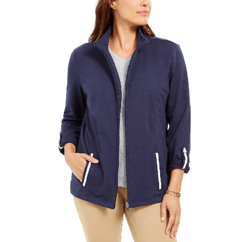 Unique Fashion Karen Scott Women's Sport French Terry Ribbon-Trim Jacket Navy Size Medium Unique Fashion Karen Scott Women's Sport French Terry Ribbon-Trim Jacket Navy Size Medium