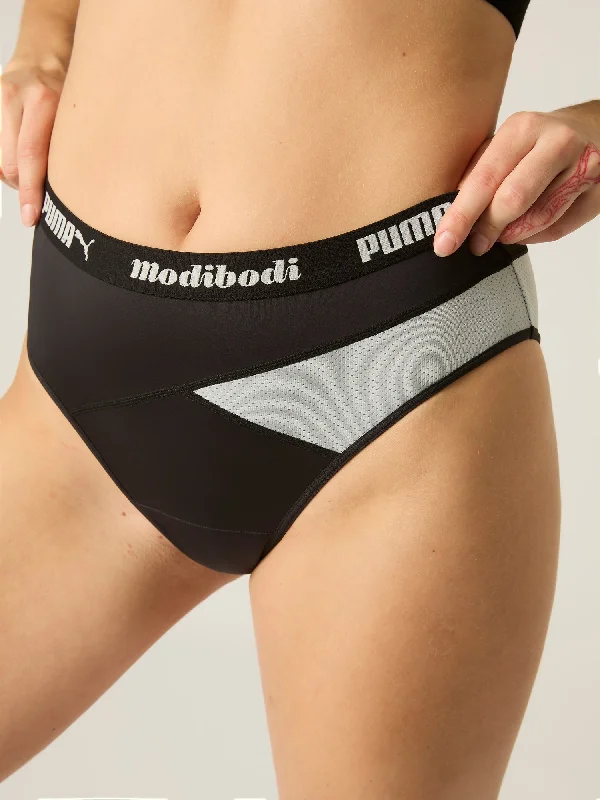Cozy Essentials Puma X Modibodi Active Hi Cut Full Brief Moderate-Heavy Black/Platinum Grey Cozy Essentials Puma X Modibodi Active Hi Cut Full Brief Moderate-Heavy Black/Platinum Grey