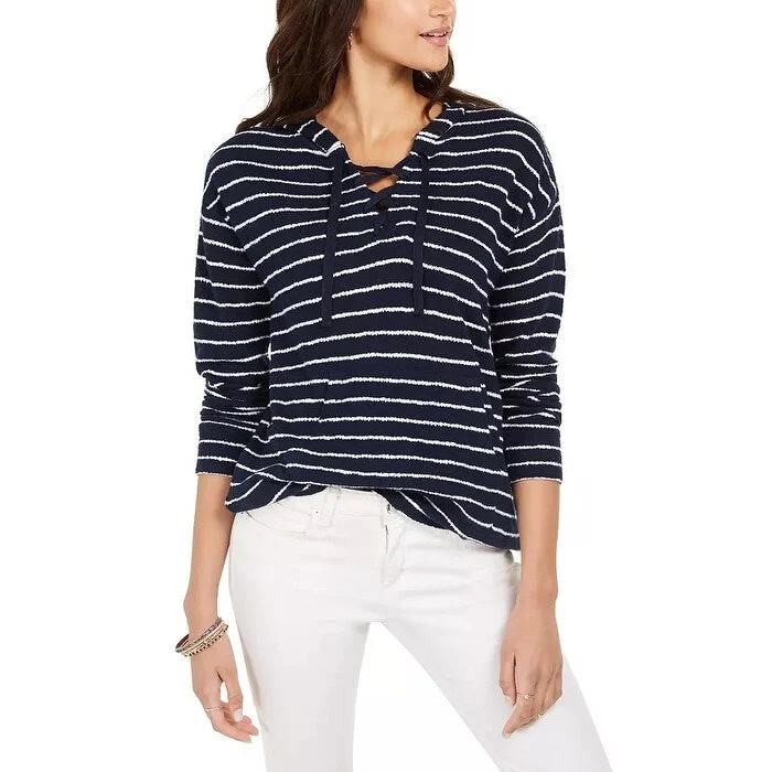 Stylish Wear Style & Co Women's Cotton Striped Lace-Up Hoodie Navy Size Small