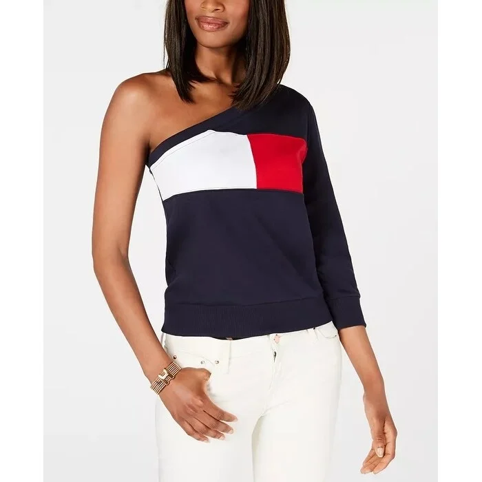 Stylish Wear Tommy Hilfiger Women's One Shoulder Colorblocked Sweatshirt Navy Size Large Stylish Wear Tommy Hilfiger Women's One Shoulder Colorblocked Sweatshirt Navy Size Large