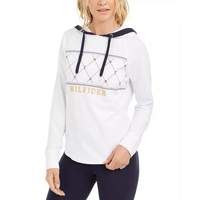 Slim Fit Tommy Hilfiger Women's Sport Argyle Panel Hoodie White Size XX-Large - XXL
