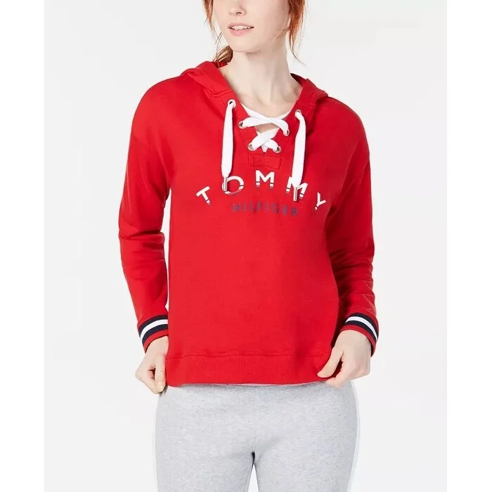 Loose Fit Tommy Hilfiger Women's Sport Lace-Up Logo Hoodie Medium Red Size Extra Large - X-Large Loose Fit Tommy Hilfiger Women's Sport Lace-Up Logo Hoodie Medium Red Size Extra Large - X-Large