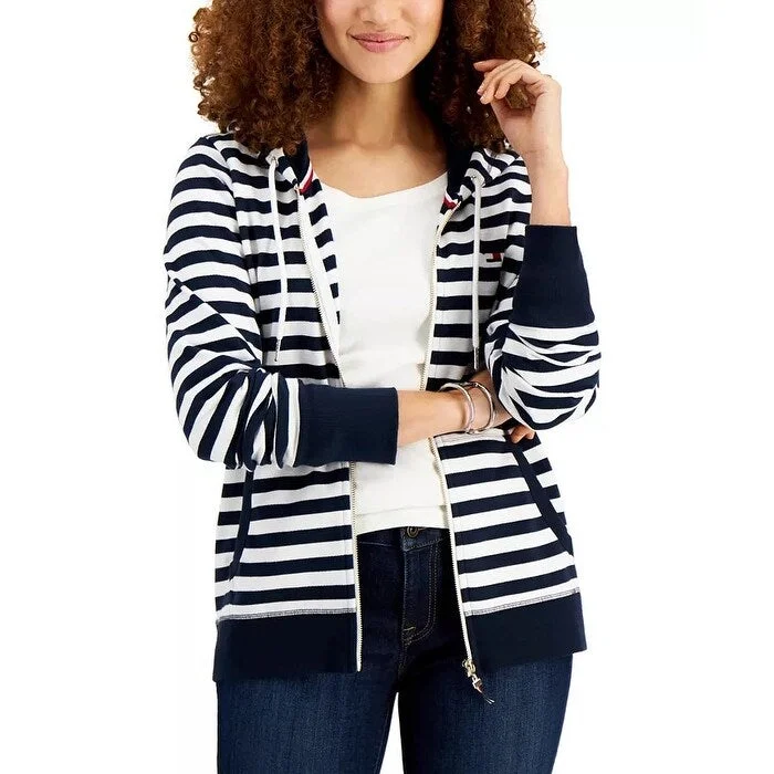 Casual Fit Wear Tommy Hilfiger Women's Striped Zip Front Hoodie Blue Size XX-Large