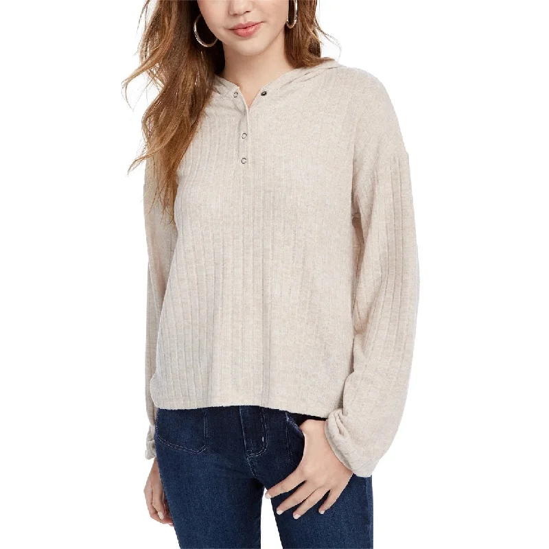 Minimalism Ultra Flirt Juniors' Cozy Ribbed Henley Hoodie Beige Size Medium