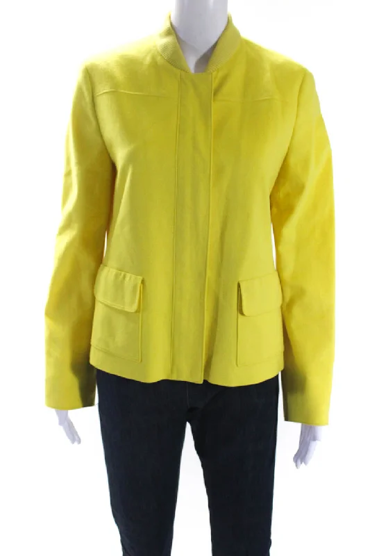 Playful Style Akris Punto Womens Front ZIp Ribbed Crew Neck Light Jacket Yellow Wool Playful Style Akris Punto Womens Front ZIp Ribbed Crew Neck Light Jacket Yellow Wool