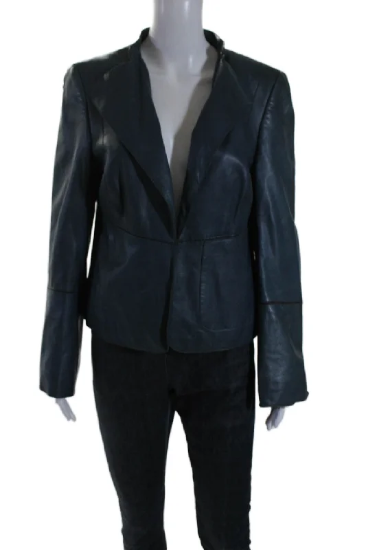 Fashion Design Akris Womens Leather Draped Front Split Hem Blazer Jacket Teal Blue