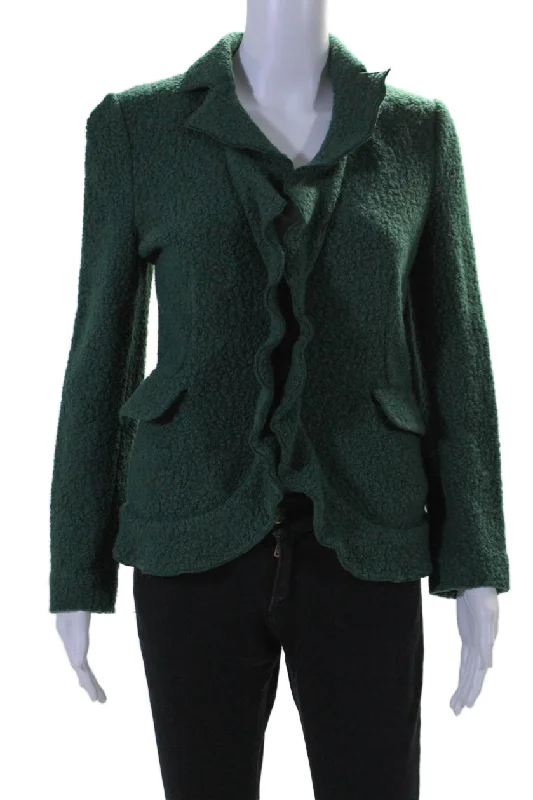 British Fashion Armani Collezioni Womens Wool V Neck Button Up Ruffle Fleece Jacket Green British Fashion Armani Collezioni Womens Wool V Neck Button Up Ruffle Fleece Jacket Green