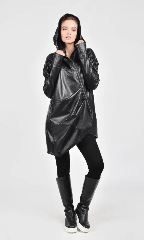 Classic Retro Asymmetric Genuine Leather Hooded Coat