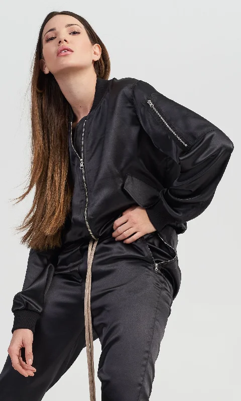 Relaxed Wear Black Satin Bomber Jacket