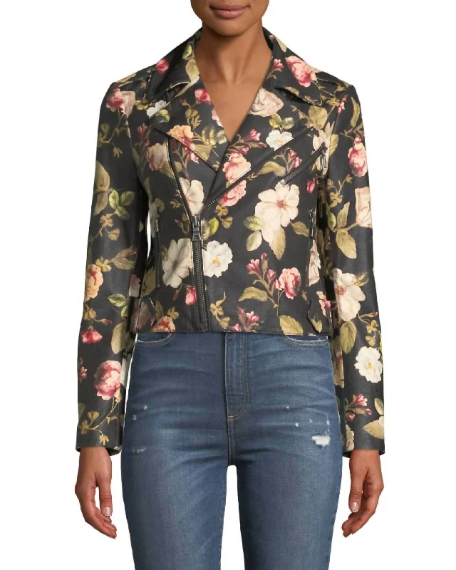 Casual Chic Cody Crop Leather Moto Jacket In Black & Floral
