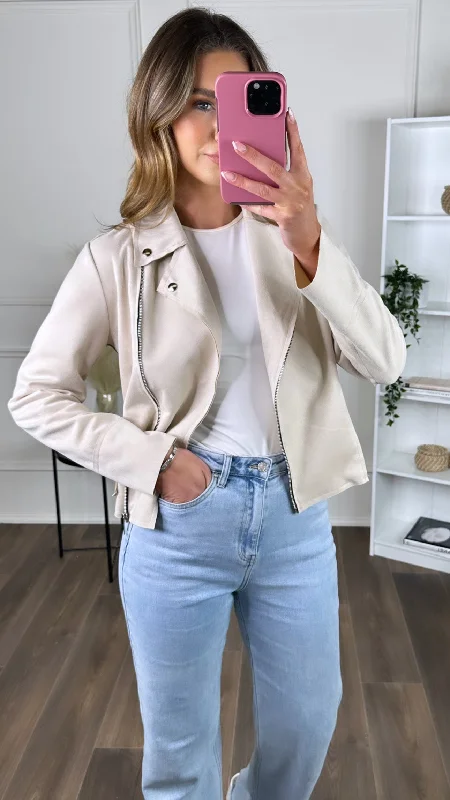 Printed Pants Cora Beige Suede Finish Collared Jacket