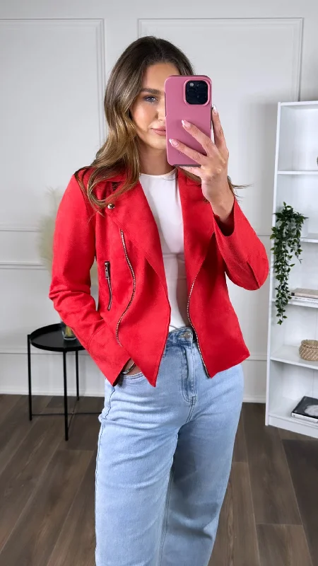 Casual Cardigans Cora Red Suede Finish Collared Jacket