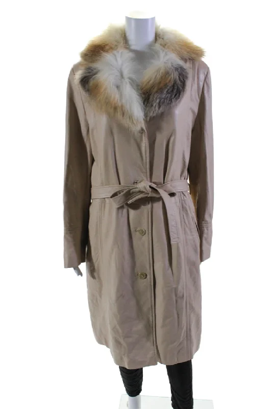 Floral Prints Damselle Womens Leather Fur Trim Button Down Belted Coat Beige