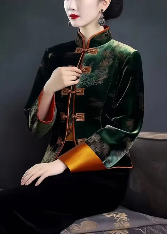 Sports Style Green Embroidered Button Patchwork Silk Coat Fall