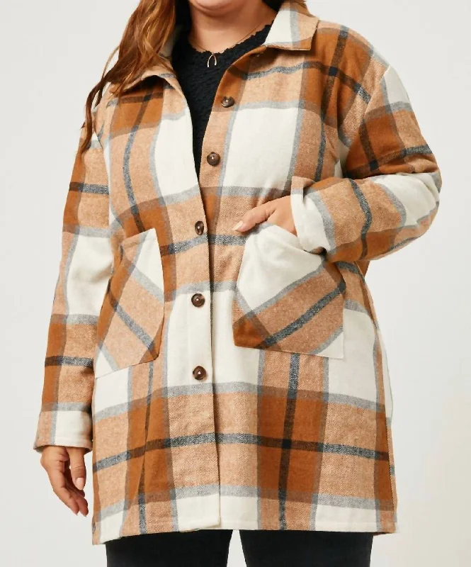Preppy Pants Plaid Button Up Patch Pocket Coat - Plus In Camel