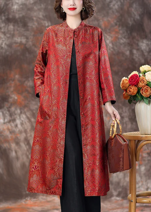 High-quality Design Red Stand Collar Button Silk Coats Spring