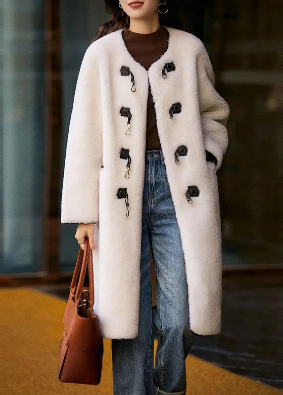 American Style Style White O Neck Pockets Button Patchwork Wool Coat Winter