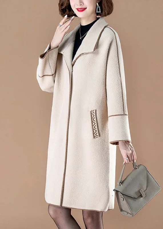 Trendy Wear Stylish Beige Peter Pan Collar Patchwork Woolen Coats Winter