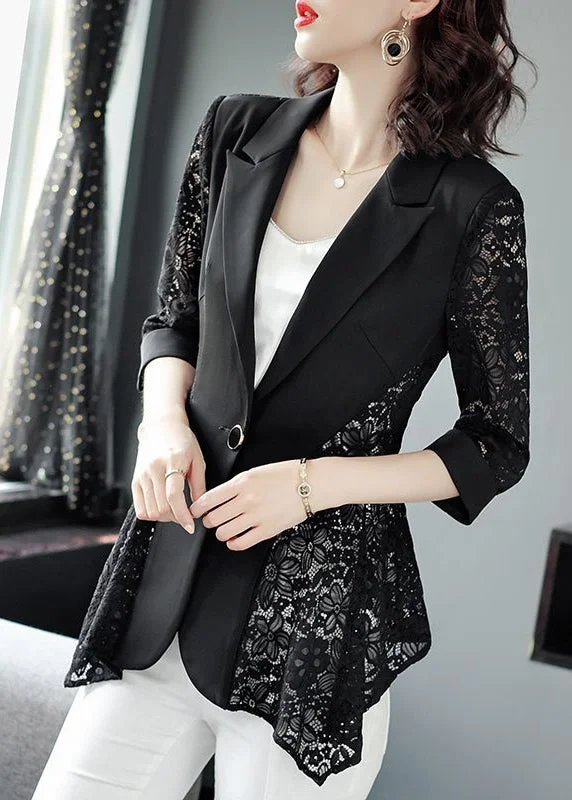 Comfortable Design Stylish Black Notched Collar Lace Patchwork Hollow Out Spandex Coats Summer Comfortable Design Stylish Black Notched Collar Lace Patchwork Hollow Out Spandex Coats Summer