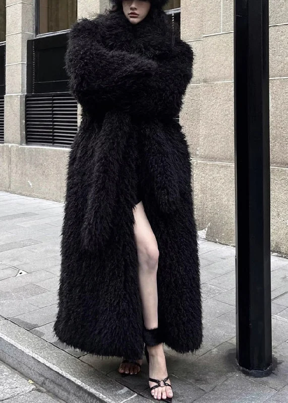Designer Style Stylish Black Tie Waist Patchwork Fuzzy Fur Fluffy Coat Winter
