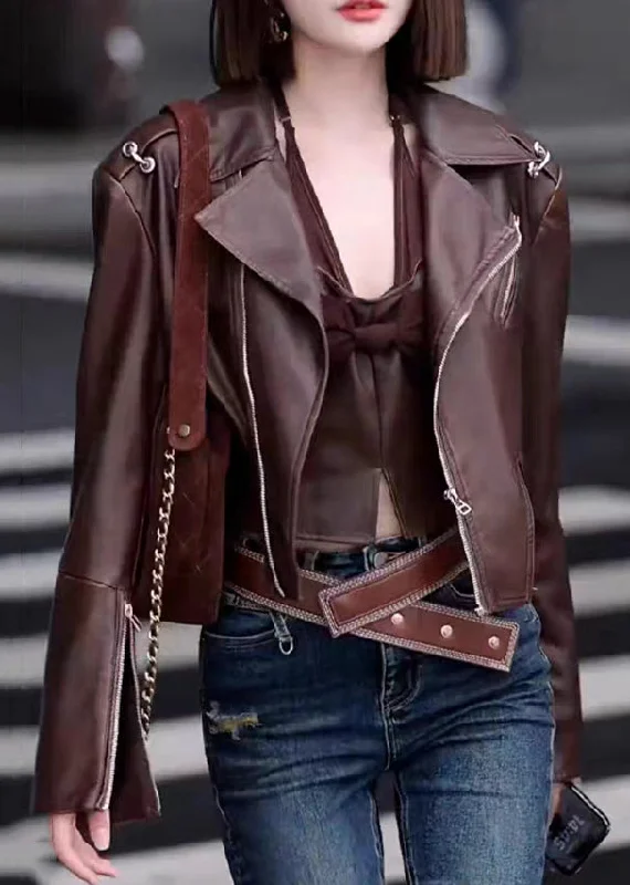 Chic Outfits Stylish Coffee Peter Pan Collar Zip Up Patchwork Faux Leather Jackets Fall