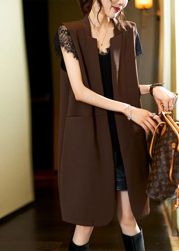 British Fashion Stylish Coffee V Neck Patchwork Long Waistcoat Sleeveless