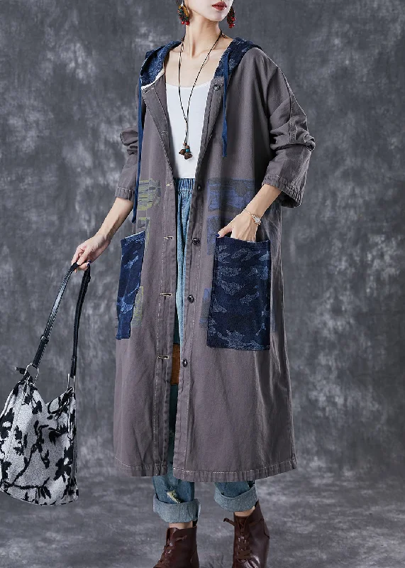 Multifunctional Style Stylish Grey Hooded Patchwork Cotton Coat Outwear Fall