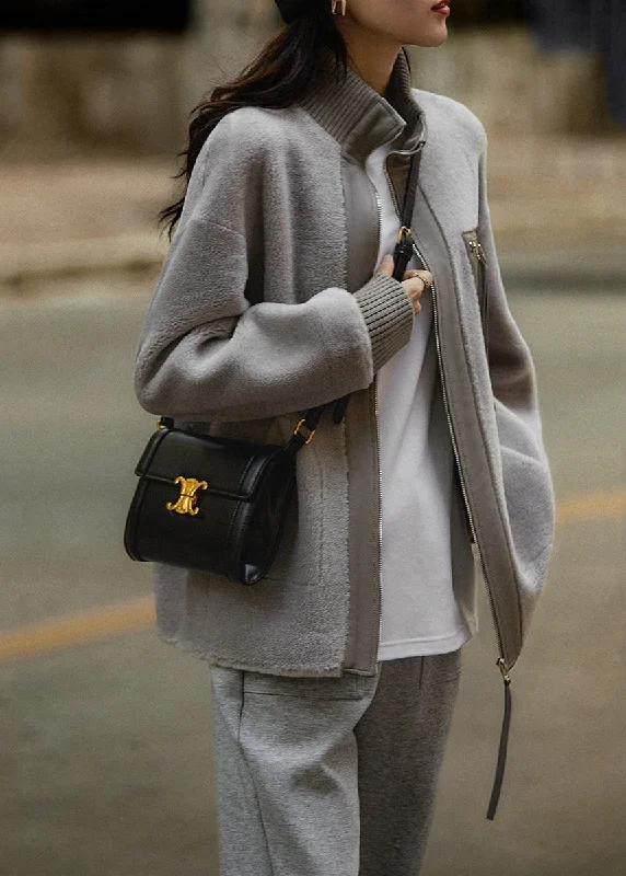 Relaxed Fit Stylish Grey Oversized PU Patchwork Wool Coat Fall