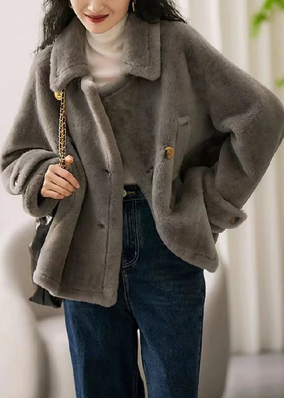 Fashion Must-have Stylish Grey Peter Pan Collar Pockets Patchwork Wool Coats Winter